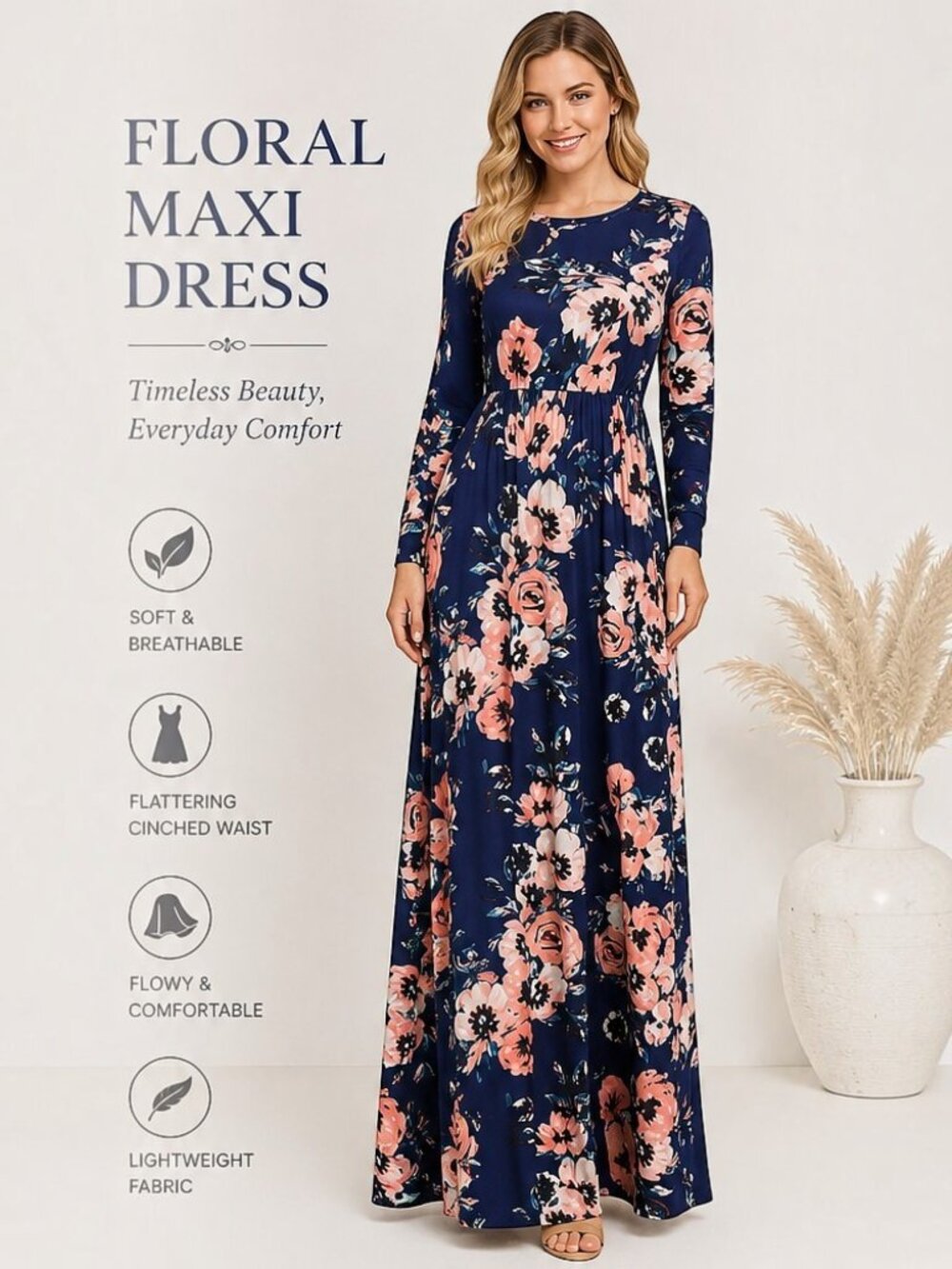 Women's Gathered Waist Navy Floral Print Bohemian Maxi Dress w/Pockets | XS-L - Picture 2 of 9